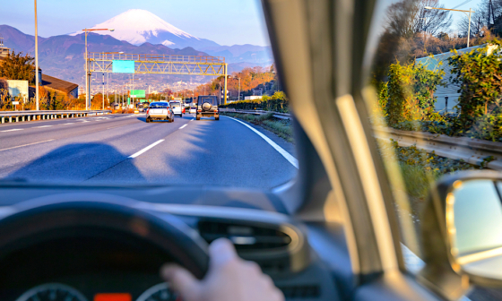 driving a car in japan with mount fuji