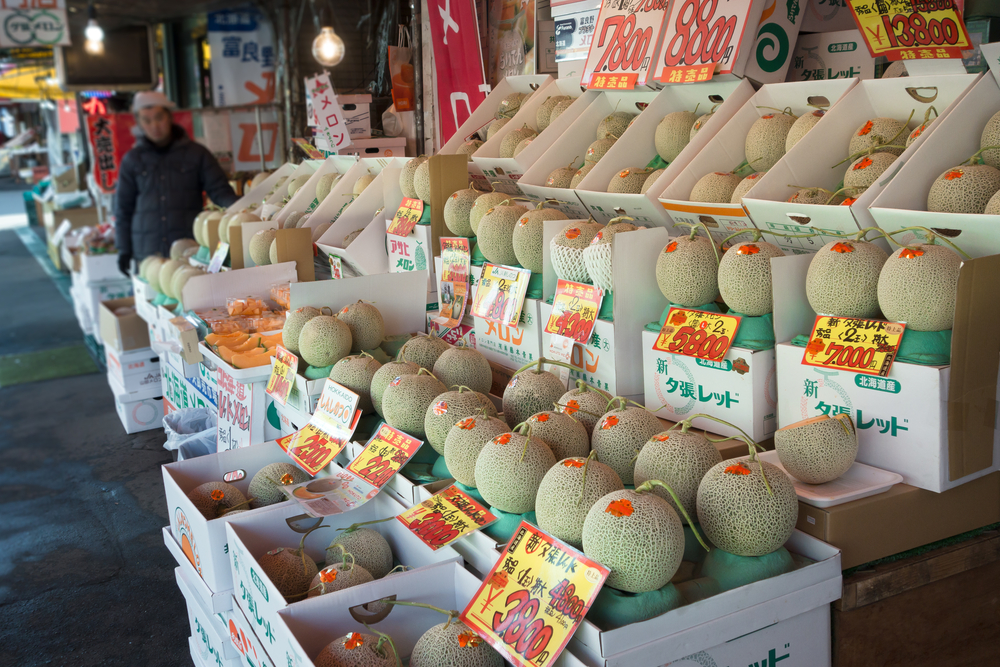 Japanese yubari melons at stall in Hokkaido